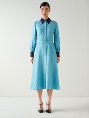 LK Bennett Blue Henri Rope Jacquard Print Silk Blend Contrast Shirt Dress - Image 2 of 4