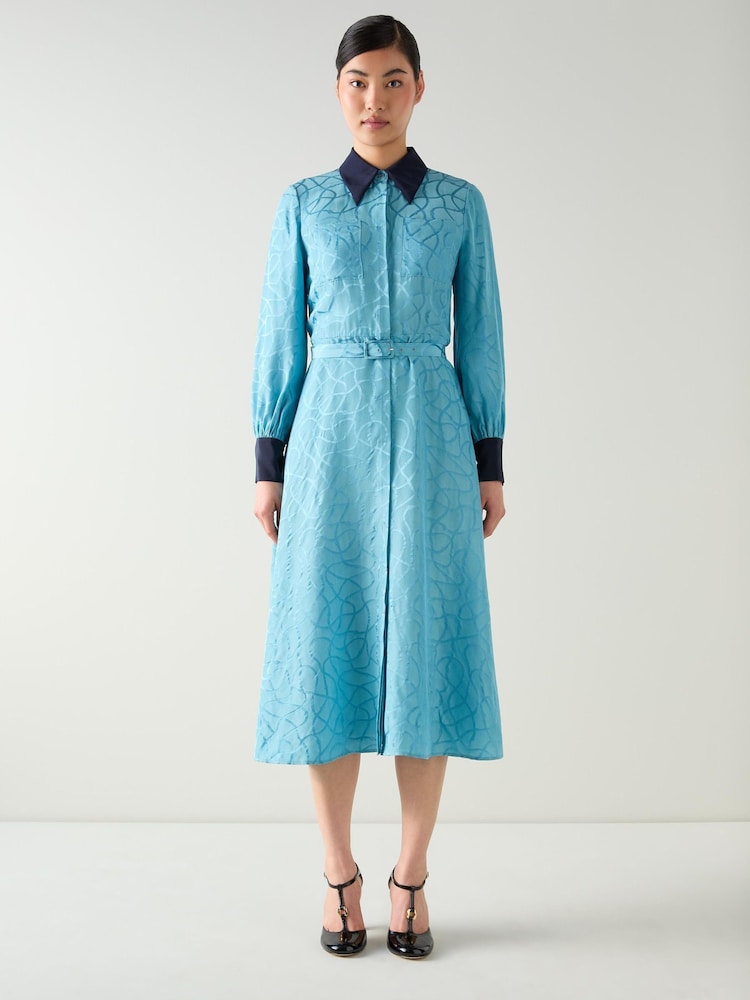 LK Bennett Blue Henri Rope Jacquard Print Silk Blend Contrast Shirt Dress - Image 2 of 4