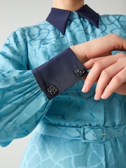 LK Bennett Blue Henri Rope Jacquard Print Silk Blend Contrast Shirt Dress - Image 4 of 4