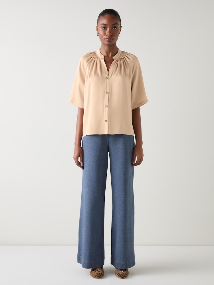 LK Bennett Brown Plain Satin Raglan Fabric Shirt - Image 1 of 3