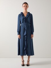 LK Bennett Blue Adriana Checkerboard Polyester Split Neckline Dress - Image 1 of 4