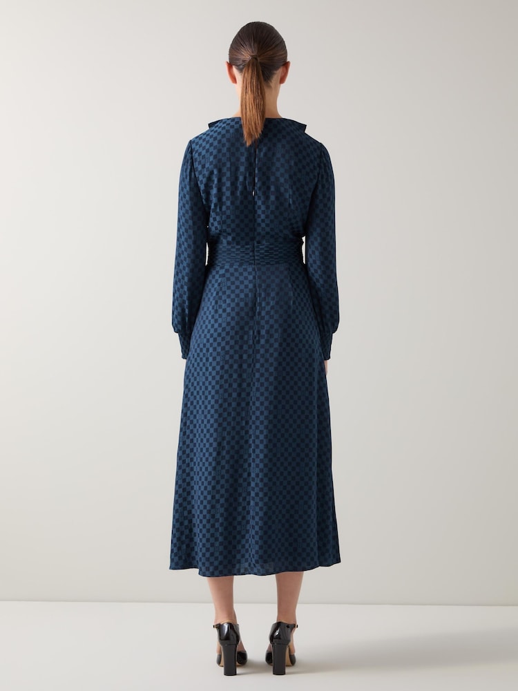 LK Bennett Blue Adriana Checkerboard Polyester Split Neckline Dress - Image 2 of 4