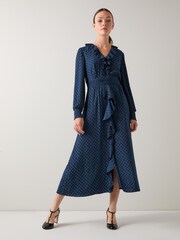 LK Bennett Blue Adriana Checkerboard Polyester Split Neckline Dress - Image 3 of 4