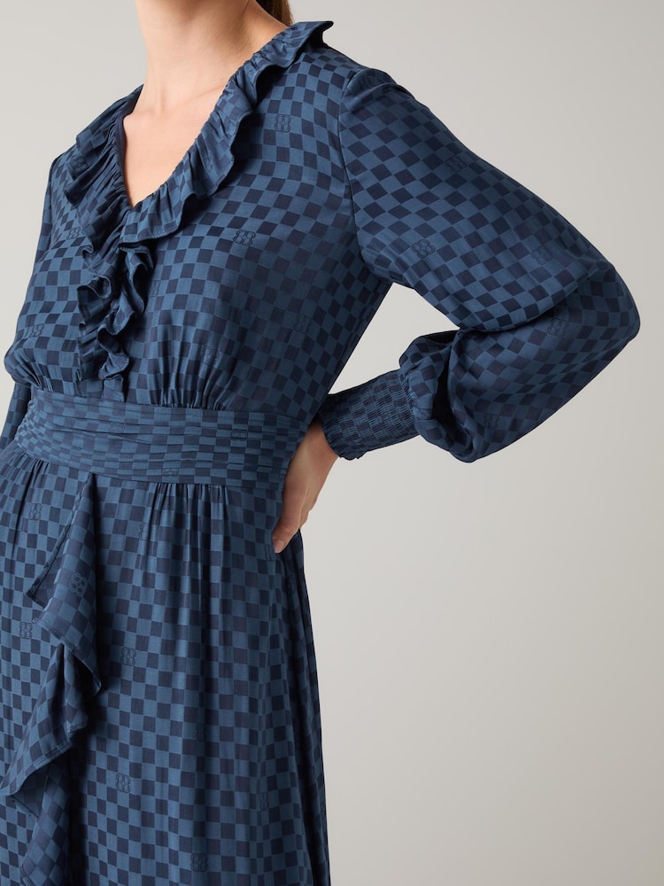 LK Bennett Blue Adriana Checkerboard Polyester Split Neckline Dress - Image 4 of 4