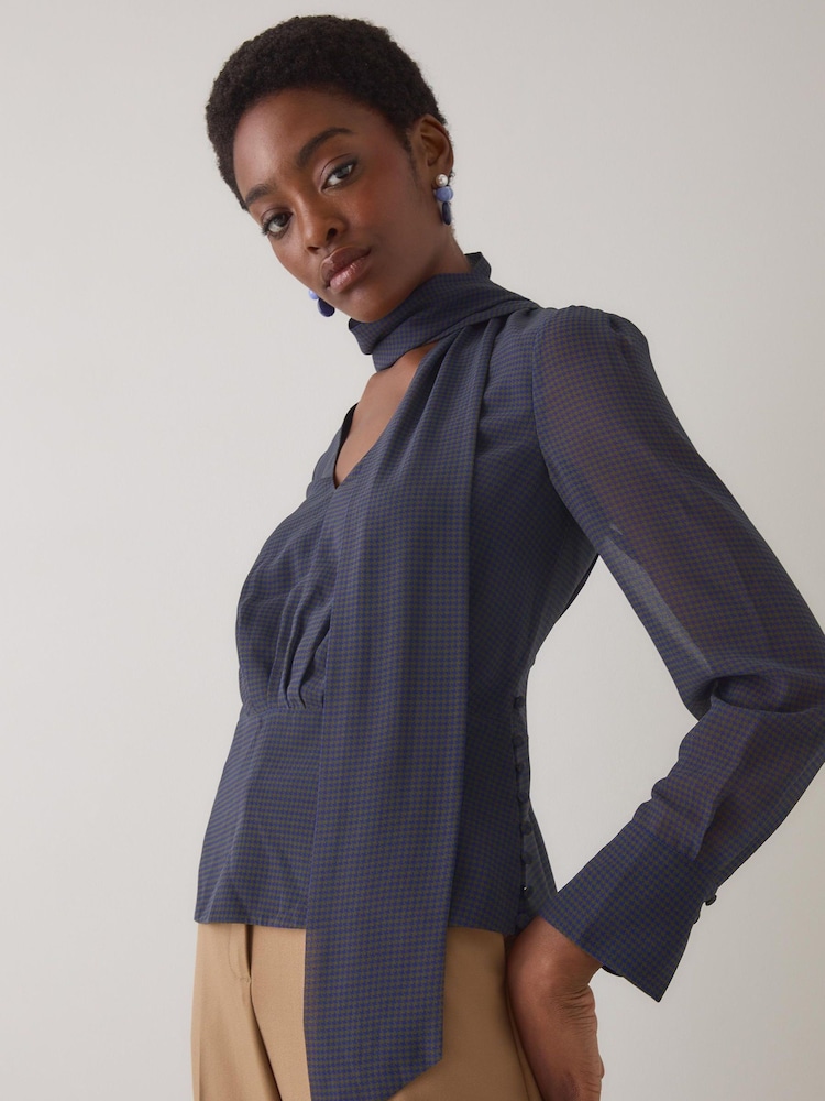 LK Bennett Blue Rosie Houndstooth Print V-Neck Blouse - Image 1 of 4 LK Bennett Blue Rosie Houndstooth Print V-Neck Blouse - Image 1 of 4