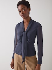 LK Bennett Blue Rosie Houndstooth Print V-Neck Blouse - Image 2 of 4