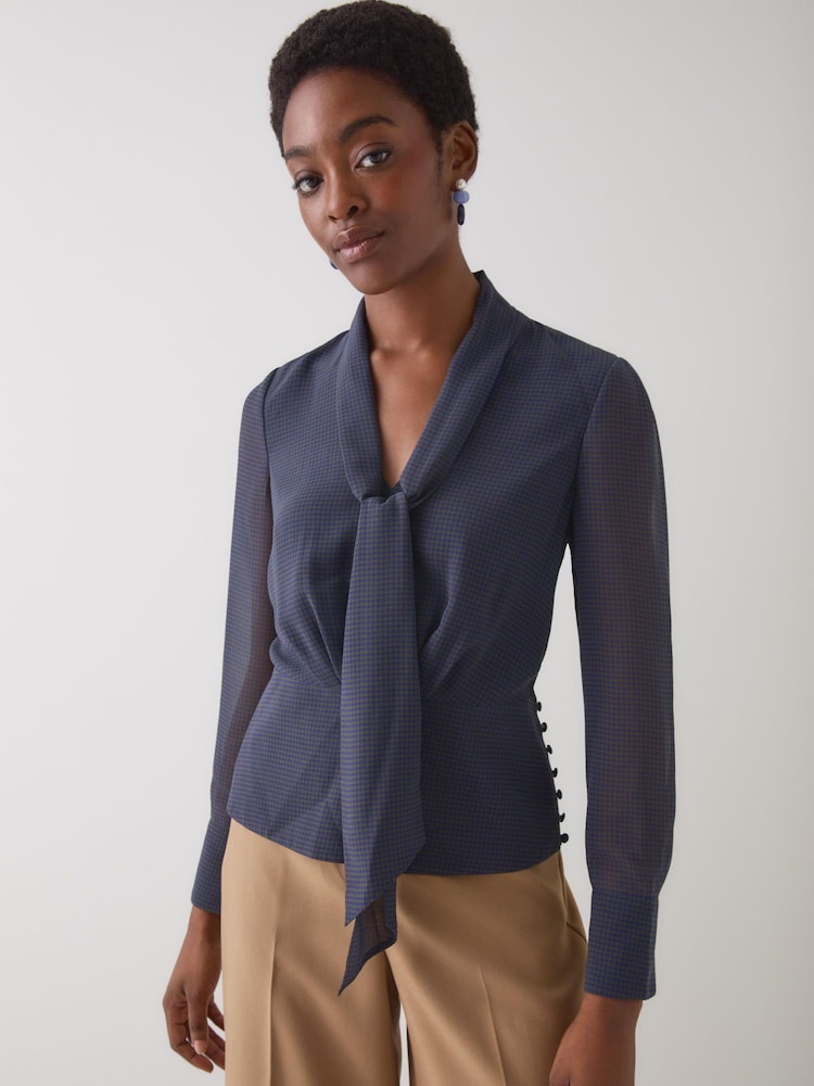 LK Bennett Blue Rosie Houndstooth Print V-Neck Blouse - Image 2 of 4