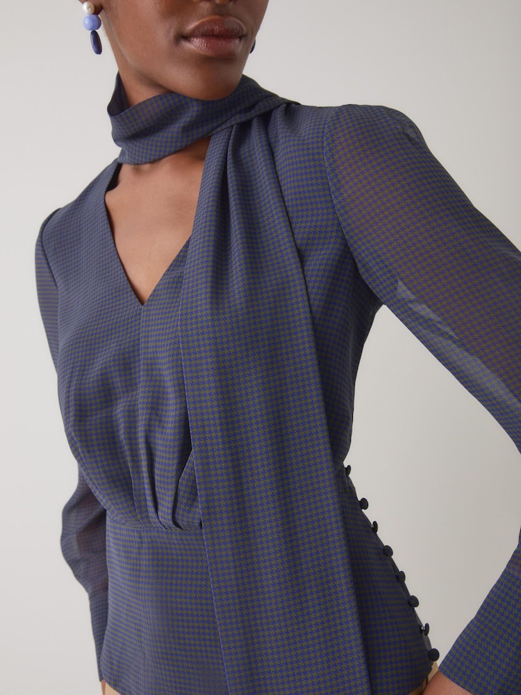 LK Bennett Blue Rosie Houndstooth Print V-Neck Blouse - Image 4 of 4