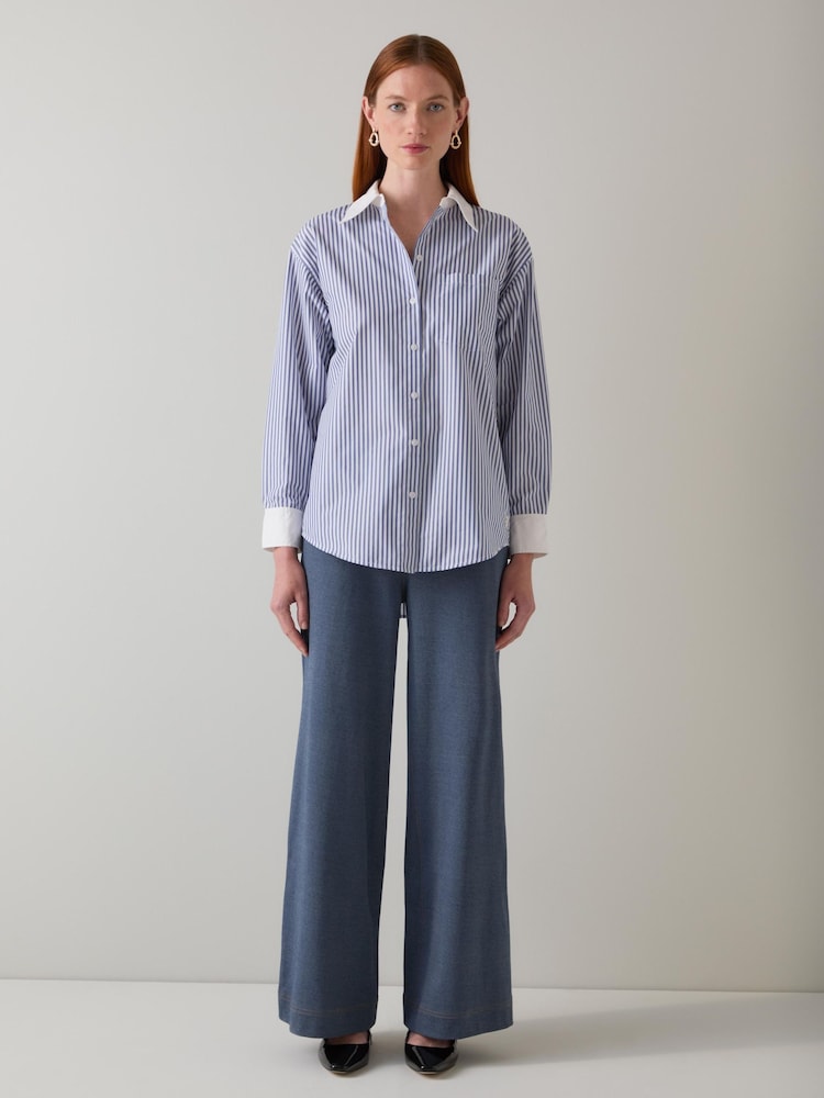 LK Bennett Blue Hally Stripe Cotton Shirt With Contrast Cuff and Collar - Image 1 of 3 LK Bennett Blue Hally Stripe Cotton Shirt With Contrast Cuff and Collar - Image 1 of 3