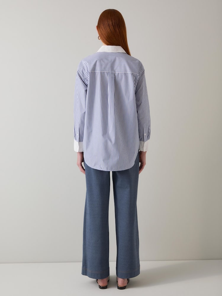 LK Bennett Blue Hally Stripe Cotton Shirt With Contrast Cuff and Collar - Image 2 of 3 LK Bennett Blue Hally Stripe Cotton Shirt With Contrast Cuff and Collar - Image 2 of 3