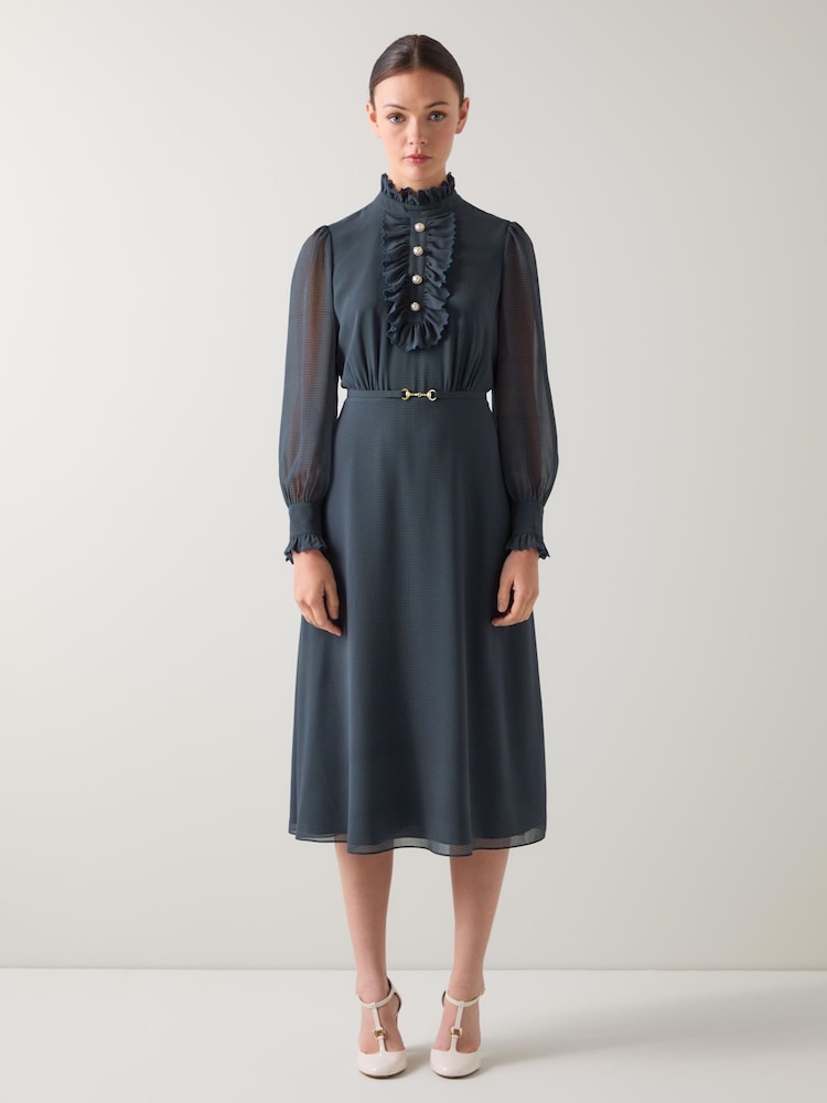 LK Bennett Blue Sadie Houndstooth Print Georgette Dress - Image 1 of 4 LK Bennett Blue Sadie Houndstooth Print Georgette Dress - Image 1 of 4