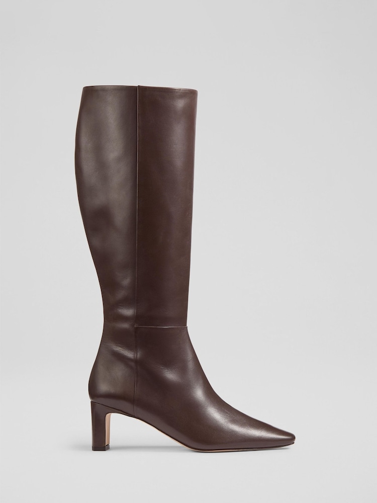 LK Bennett Brown Margarite Plain Leather Mid Heel Knee Boots - Image 1 of 4