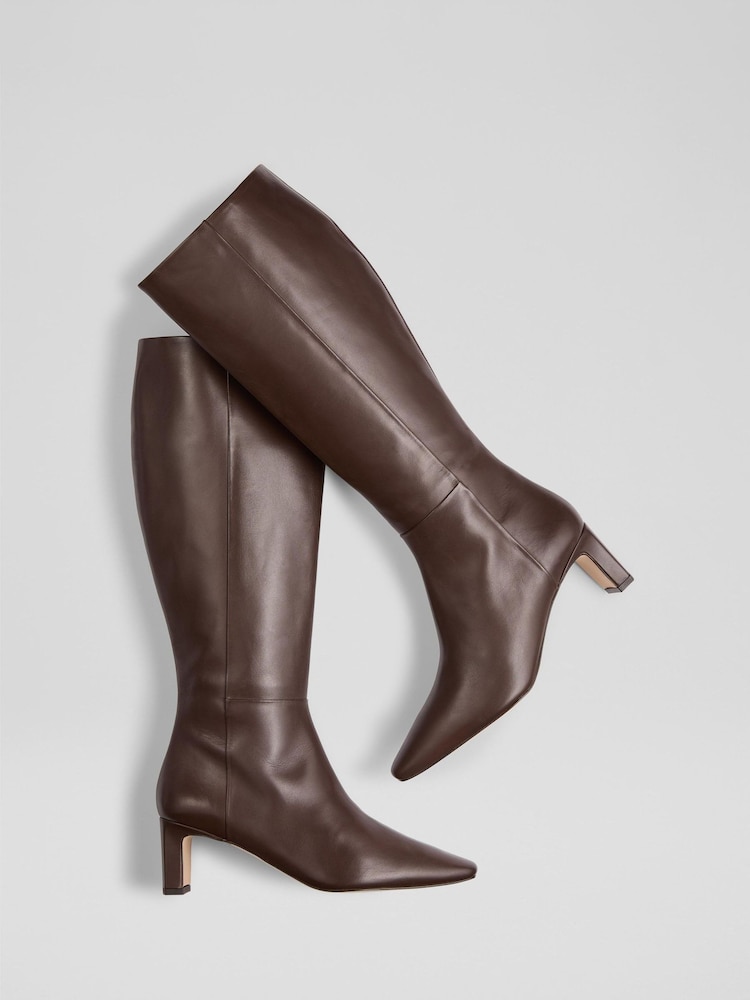 LK Bennett Brown Margarite Plain Leather Mid Heel Knee Boots - Image 2 of 4