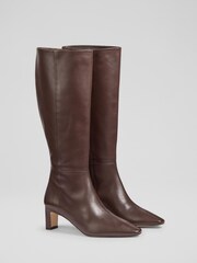 LK Bennett Brown Margarite Plain Leather Mid Heel Knee Boots - Image 3 of 4