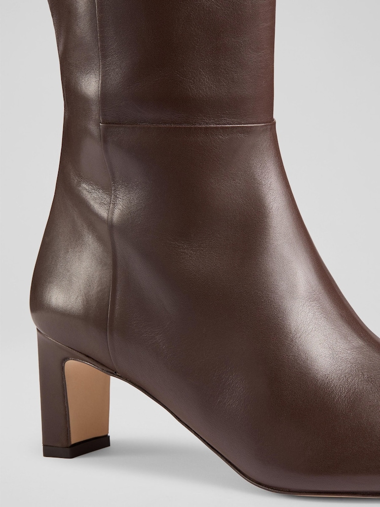 LK Bennett Brown Margarite Plain Leather Mid Heel Knee Boots - Image 4 of 4