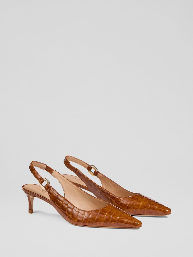 LK Bennett Brown Oloid Croc Leather Slingback Open Courts - Image 2 of 4 LK Bennett Brown Oloid Croc Leather Slingback Open Courts - Image 2 of 4