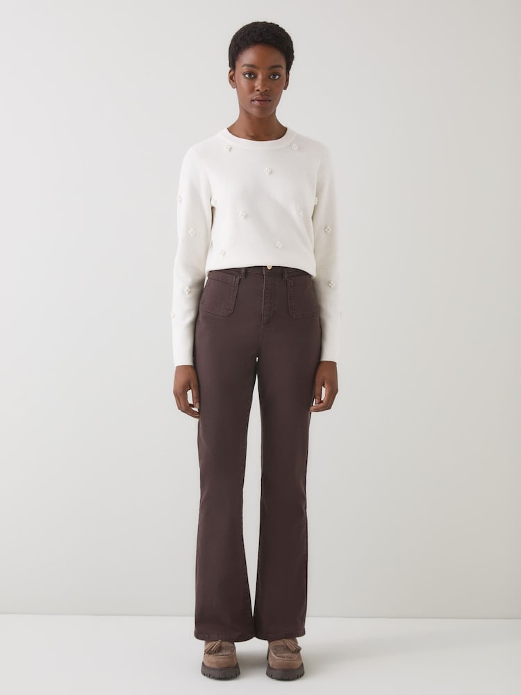 LK Bennett Brown Samantha Plain Cotton Stretch Kick Flare Jeans - Image 1 of 4 LK Bennett Brown Samantha Plain Cotton Stretch Kick Flare Jeans - Image 1 of 4