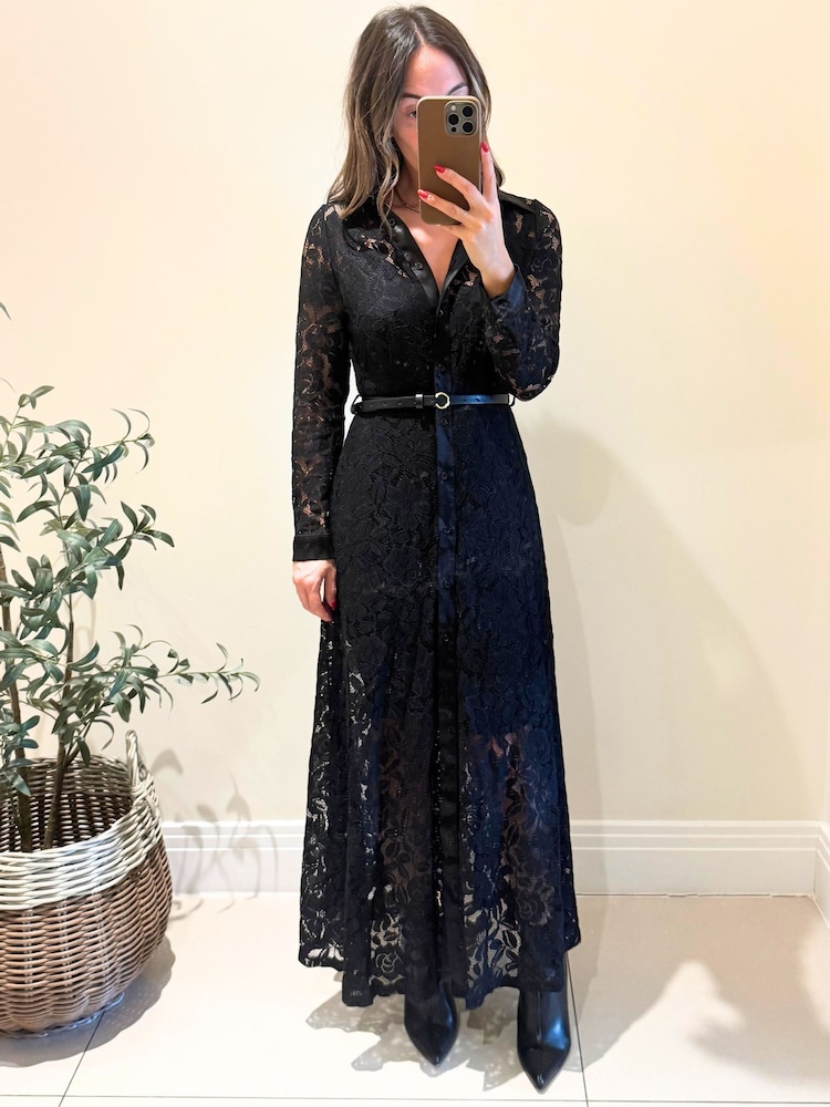 Style Cheat Black Lace Daphne Belted Shirt Dress - Image 1 of 4