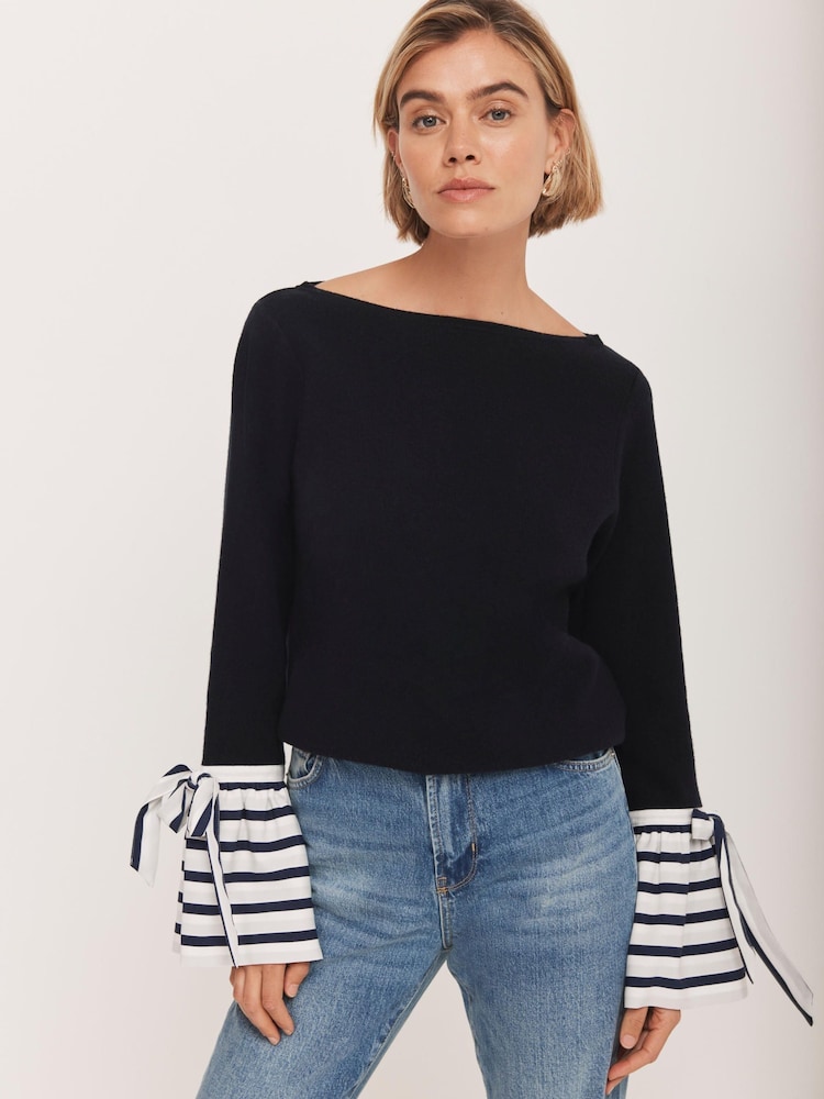 Mint Velvet Blue Cotton Blend Striped Cuff Jumper - Image 2 of 8 Mint Velvet Blue Cotton Blend Striped Cuff Jumper - Image 2 of 8
