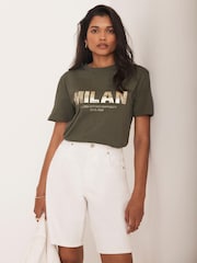 Mint Velvet Green Foil Milan Graphic Print T-Shirt - Image 1 of 7
