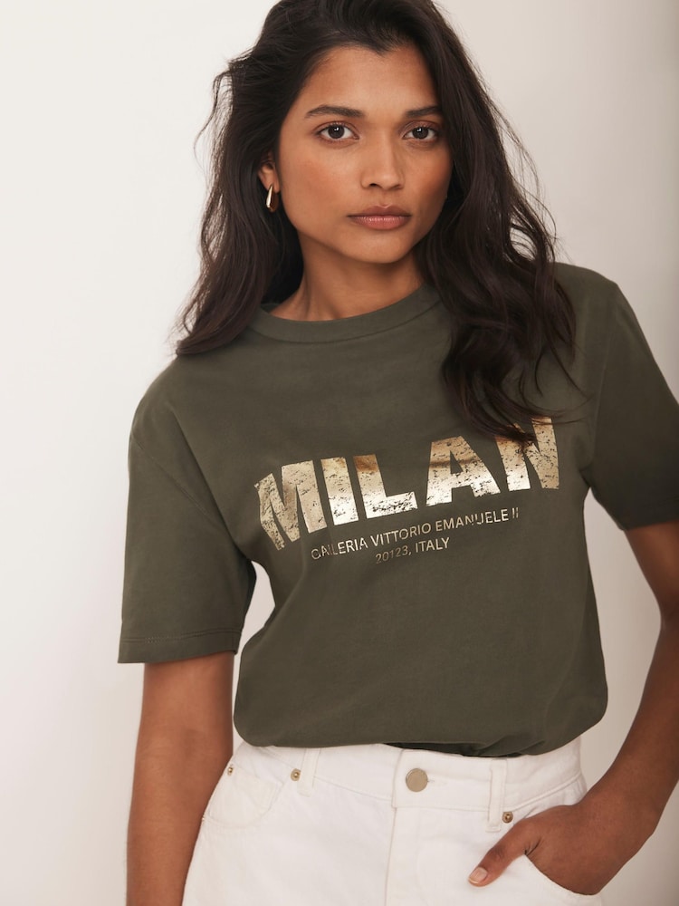 Mint Velvet Green Foil Milan Graphic Print T-Shirt - Image 2 of 7
