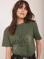 Mint Velvet Green Graphic Print Slogan T-Shirt - Image 2 of 7