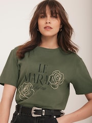 Mint Velvet Green Graphic Print Slogan T-Shirt - Image 5 of 7