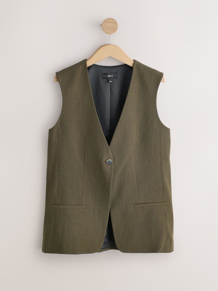 Khaki Green Crosshatch Sleeveless Blazer - Image 1 of 3 Khaki Green Crosshatch Sleeveless Blazer - Image 1 of 3