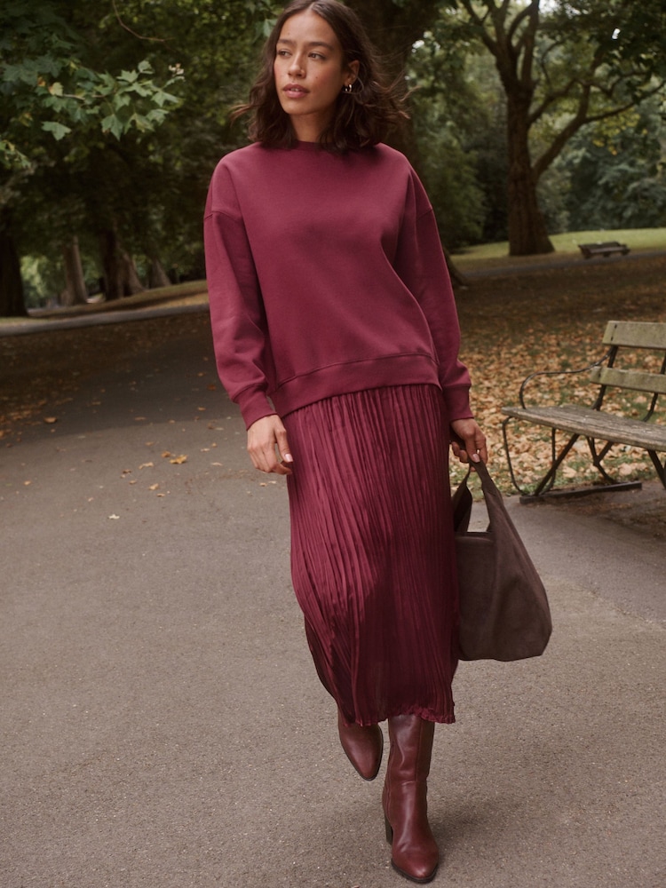 Berry Red 2-In-1 Soft Touch Jumper With Satin Midi Skirt - Image 1 of 8 Berry Red 2-In-1 Soft Touch Jumper With Satin Midi Skirt - Image 1 of 8