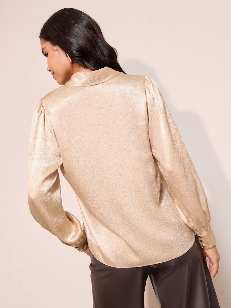 Friends Like These Champagne Gold Long Sleeve Button Detail Collared Blouse - Image 4 of 4 Friends Like These Champagne Gold Long Sleeve Button Detail Collared Blouse - Image 4 of 4