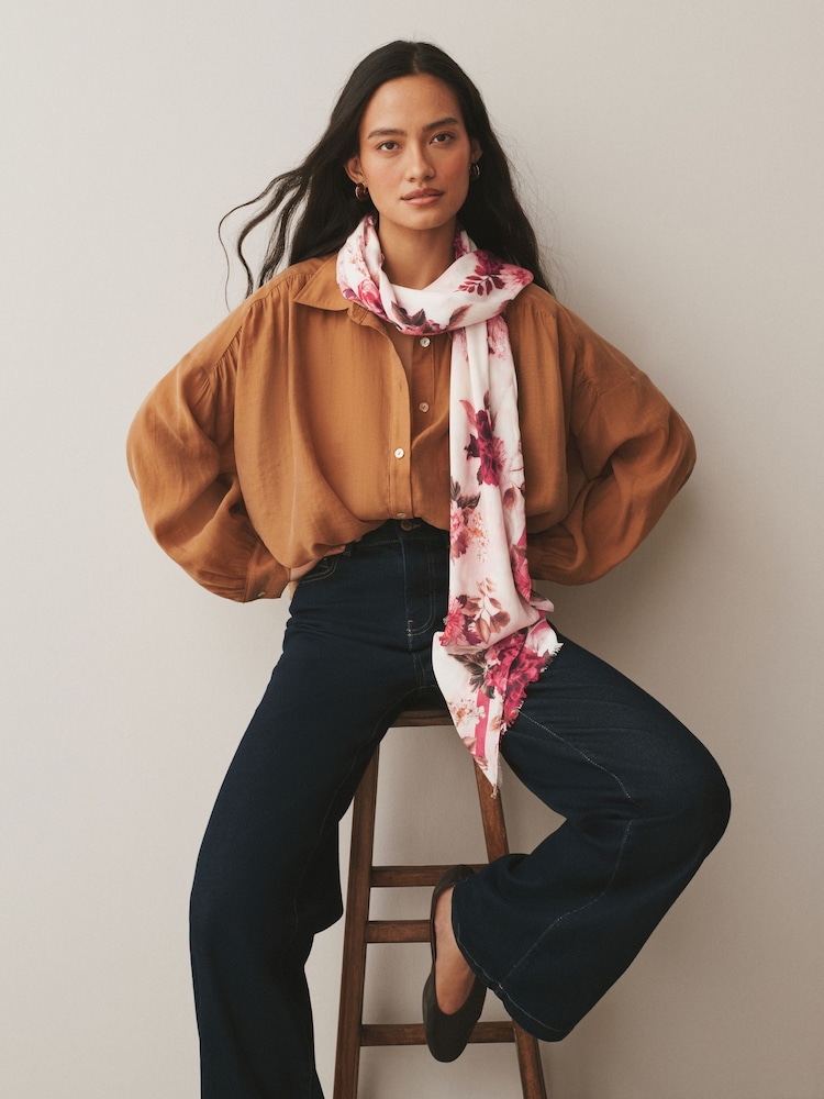 Cream/Red Floral Print Lightweight Scarf - Image 1 of 7 Cream/Red Floral Print Lightweight Scarf - Image 1 of 7