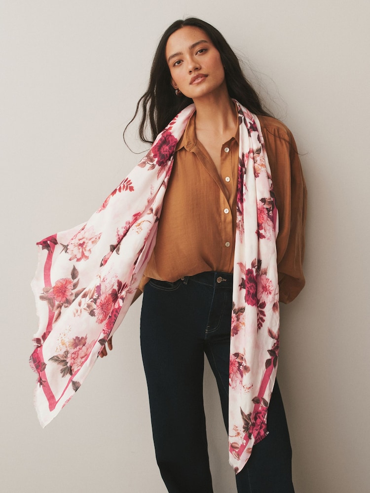Cream/Red Floral Print Lightweight Scarf - Image 2 of 7 Cream/Red Floral Print Lightweight Scarf - Image 2 of 7