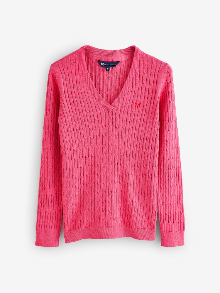 Crew Clothing Pink V-Neck Heritage Cable Knit Jumper - Image 1 of 1 Crew Clothing Pink V-Neck Heritage Cable Knit Jumper - Image 1 of 1
