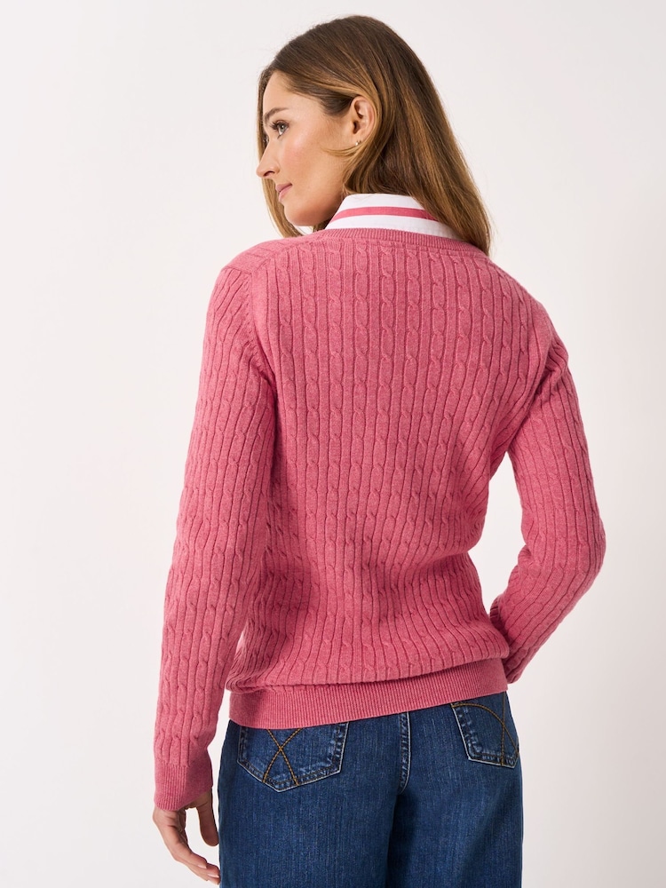 Crew Clothing Pink V-Neck Heritage Cable Knit Jumper - Image 2 of 5 Crew Clothing Pink V-Neck Heritage Cable Knit Jumper - Image 2 of 5