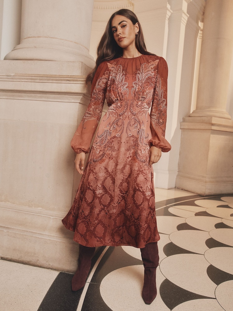 Lipsy Orange Printed Long Sleeve Gathered Waist Midi Dress - Image 1 of 5 Lipsy Orange Printed Long Sleeve Gathered Waist Midi Dress - Image 1 of 5