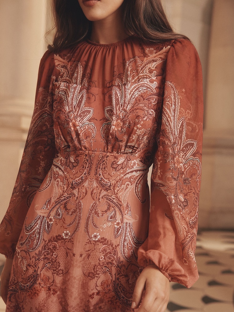 Lipsy Orange Printed Long Sleeve Gathered Waist Midi Dress - Image 2 of 5 Lipsy Orange Printed Long Sleeve Gathered Waist Midi Dress - Image 2 of 5