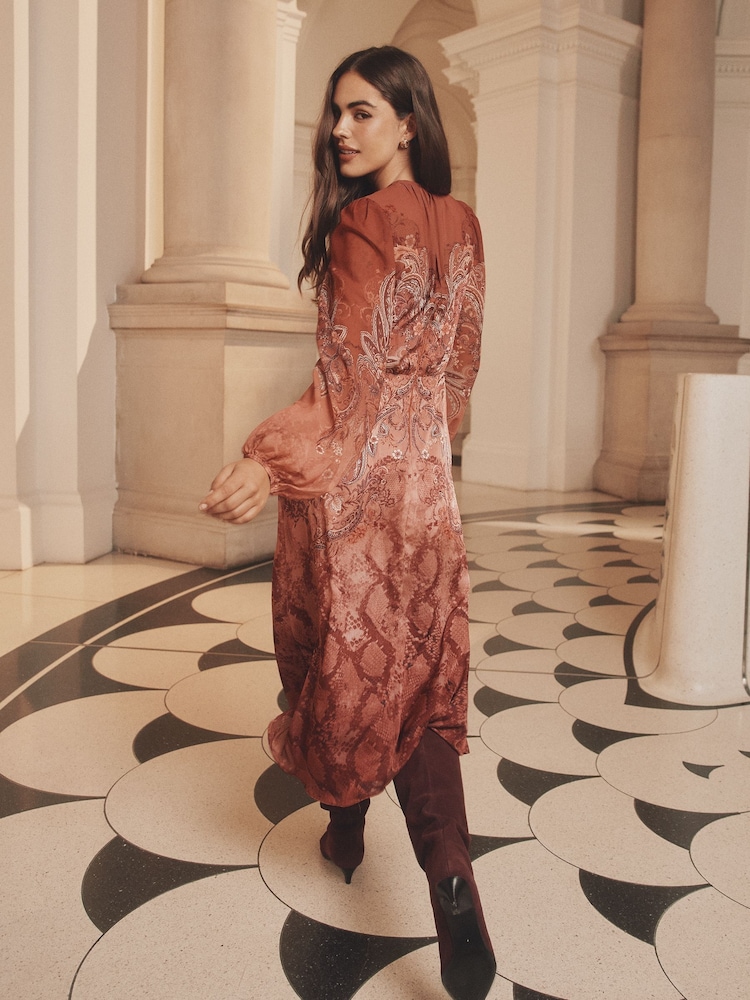 Lipsy Orange Printed Long Sleeve Gathered Waist Midi Dress - Image 5 of 5 Lipsy Orange Printed Long Sleeve Gathered Waist Midi Dress - Image 5 of 5