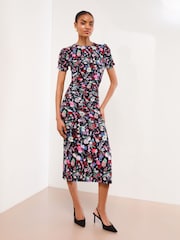 Black Floral Short Sleeve Jersey Ruched Midi Dress - Image 1 of 4