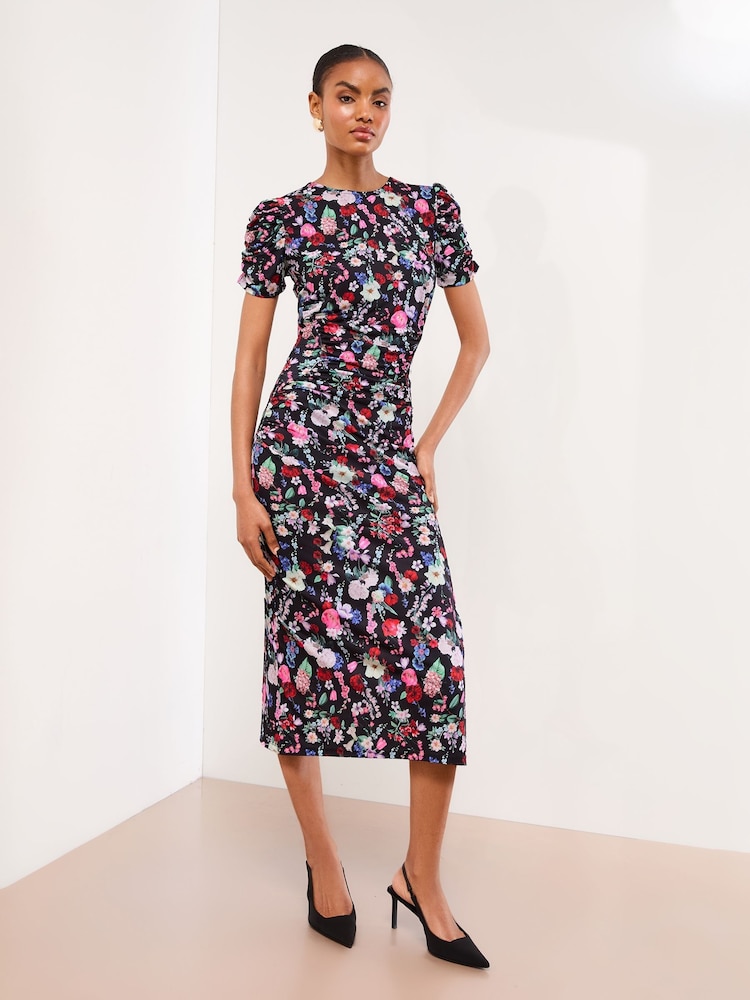 Black Floral Short Sleeve Jersey Ruched Midi Dress - Image 1 of 4