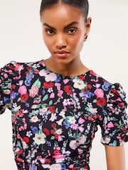Black Floral Short Sleeve Jersey Ruched Midi Dress - Image 2 of 4