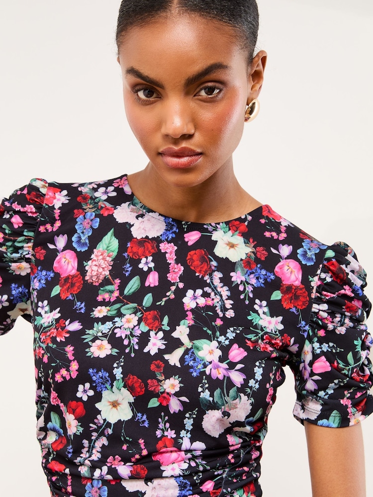 Black Floral Short Sleeve Jersey Ruched Midi Dress - Image 2 of 4