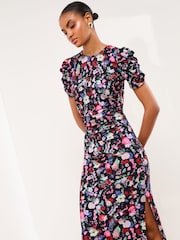 Black Floral Short Sleeve Jersey Ruched Midi Dress - Image 3 of 4