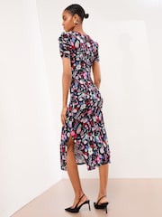 Black Floral Short Sleeve Jersey Ruched Midi Dress - Image 4 of 4