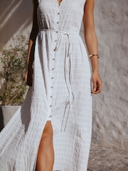 White Button Through Tie Waist Sleeveless Maxi Dress - Image 4 of 7