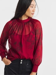 JD Williams Red Floral Print High Neck Chiffon Long Sleeve Blouse - Image 1 of 4