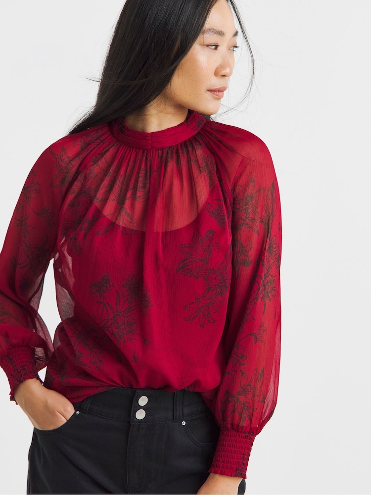 JD Williams Red Floral Print High Neck Chiffon Long Sleeve Blouse - Image 1 of 4