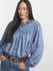 JD Williams Blue Broderie Yoke Blouse - Image 1 of 4