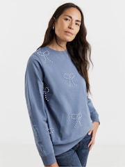 JD Williams Blue Pearl Bow Embellished Sweatshirt - Image 1 of 4