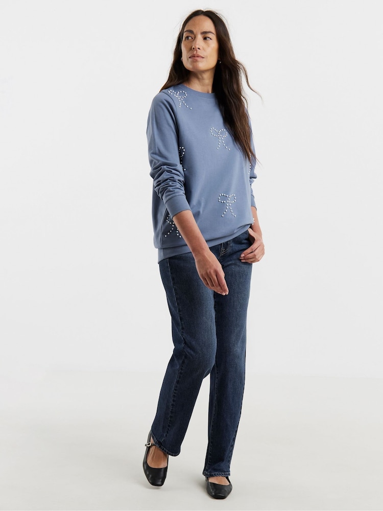 JD Williams Blue Pearl Bow Embellished Sweatshirt - Image 4 of 4