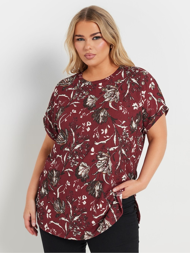 Yours Curve Red Leaf Print Eyelet Top - Image 1 of 5